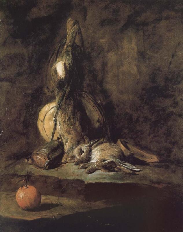 Jean Baptiste Simeon Chardin Rabbit hunting with two powder extinguishers and Orange oil painting image
